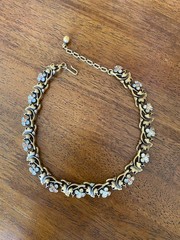 Vintage Trifari Brass Toned Leaf & Rhinestone Flower Choker Necklace AS IS