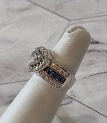 VINTAGE Blue & White CZ 925 Silver Always & Forever Bridal Wedding Ring sz 5