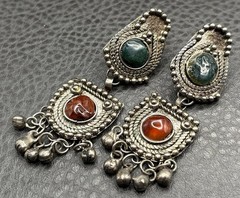 Vintage Boho Tribal Silver Tone Dangle Earrings Green Red Gemstone