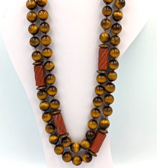 Tiger’s Eye Terracotta Jasper Beaded Necklace Vintage 32 In Long Silk Knotted