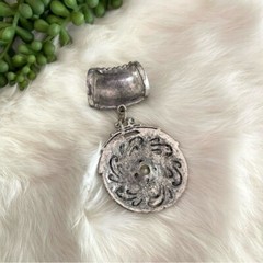 Vintage GB Signed Scarf Ring Rhinestone Embellished Silver Tone Medallion