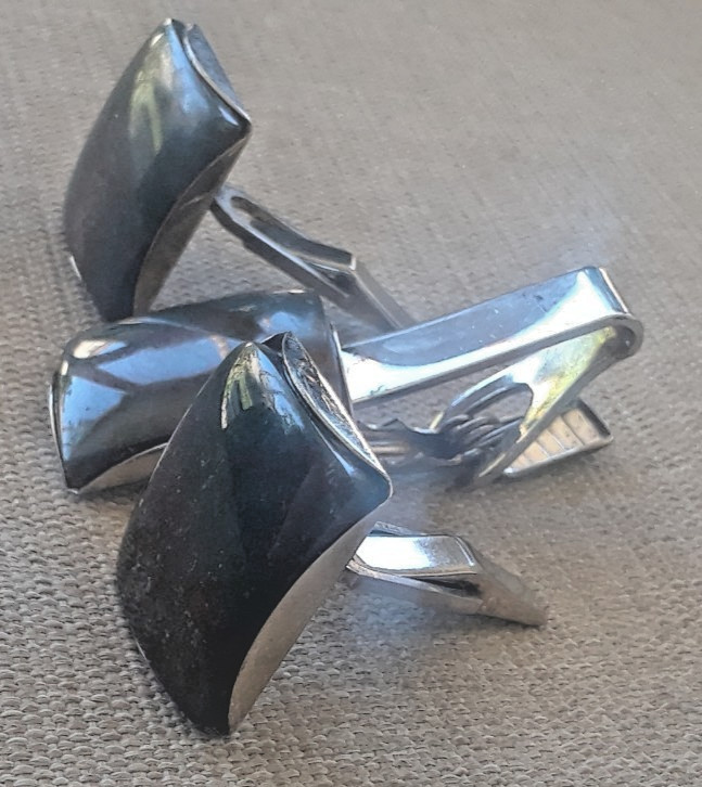 RARE VINTAGE MID CENTURY JJJ Co STERLING SILVER LARGE CUFFLINKS & TIE CLIP