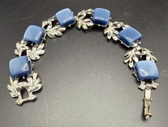 Vintage Blue Moonglow Thermoset Rhodium Plated Link Bracelet 7”
