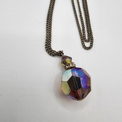 Vtg Smoky Topaz Borealis Crystal Bead Rondelle Pendant Gold Tone Necklace 18″ in