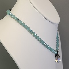 Glass Beaded Necklace Blue Opalite Crystal Teardrop Dangle Sterling Silver 16″