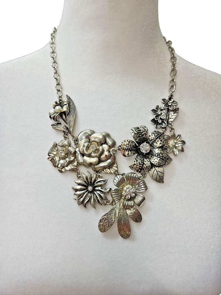 Retro Floral Bib Necklace Signed VCLM Rhinestones Faux Pearls Silver Tone