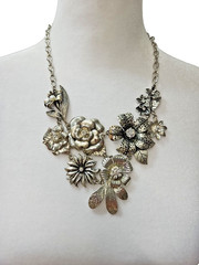 Retro Floral Bib Necklace Signed VCLM Rhinestones Faux Pearls Silver Tone