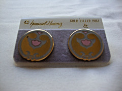 VINTAGE SAMUEL HUANG DESIGNER CLOISONNE RETRO ABSTRACT PINK & GRAY STUD EARRINGS