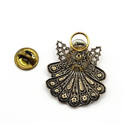 Angel Double Skirt Rhinestone Filled Filigree Wings Gold Tone Pin Lapel Family