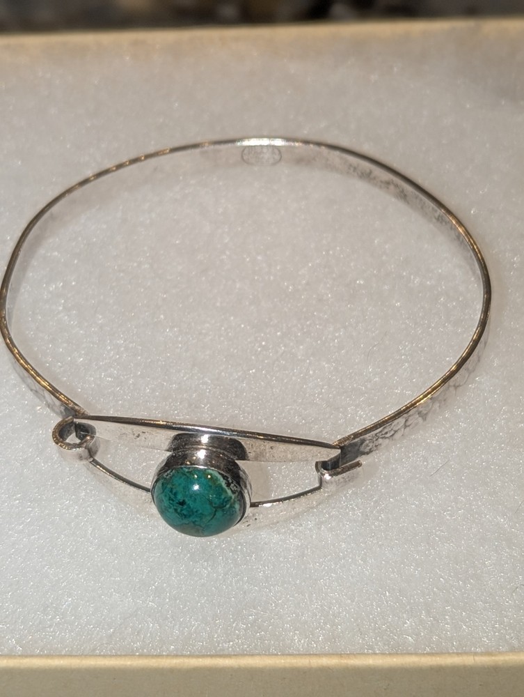 925 Israel Sterling Silver 6.75″ Antique Chrysocolla Tension Bangle Bracelet