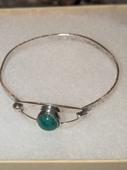 925 Israel Sterling Silver 6.75″ Antique Chrysocolla Tension Bangle Bracelet