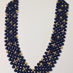 Navy Blue & Gold Beaded Bib Necklace Woven Statement Collar V-Shape Vintage