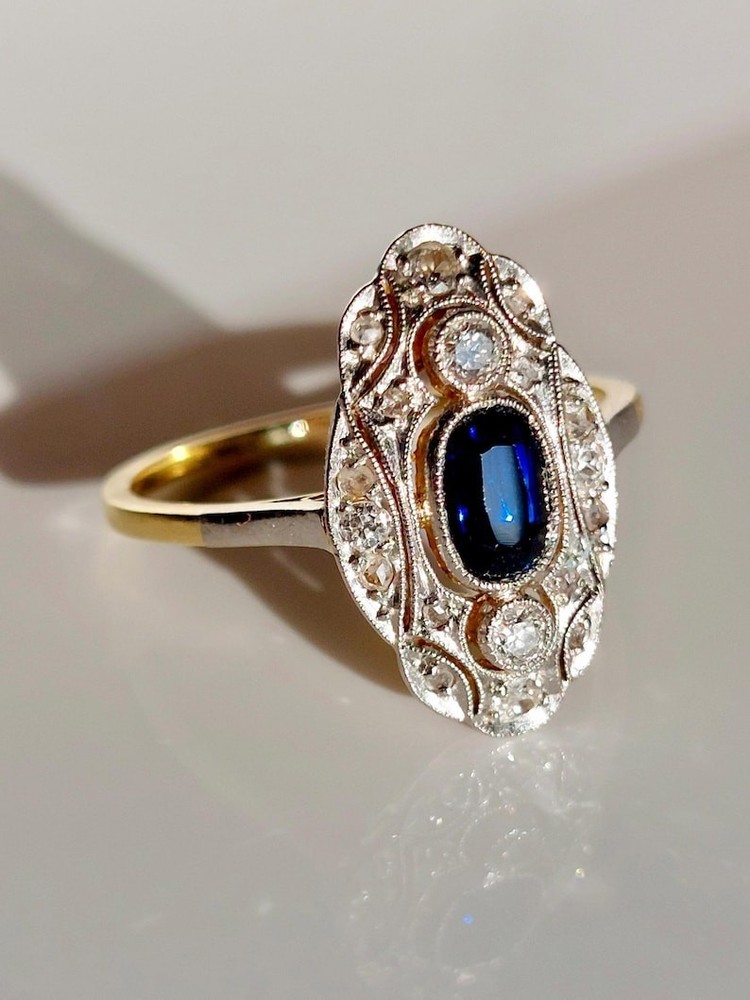 Art Deco Vintage 14k Gold Finish Lab Created Diamond & Sapphire Engagement Ring