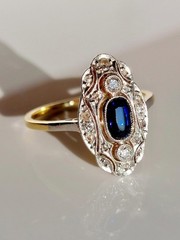 Art Deco Vintage 14k Gold Finish Lab Created Diamond & Sapphire Engagement Ring