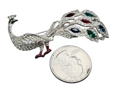 Vintage Art Deco Pave Rhinestone Peacock Brooch Rhodium Plated