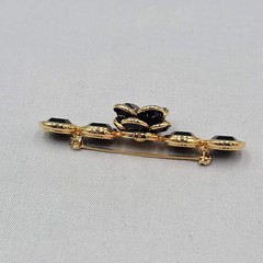Vintage Black Rhinestone Flower Bar Brooch Bezel Set Gold tone 2.75″