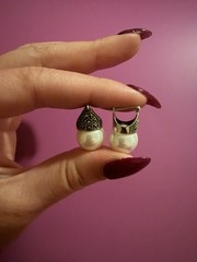Vintage Marcasite And Pearl 925 Silver Earrings Pierced Huggie Style