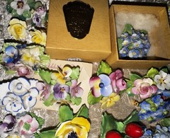 Vtg Jewelry Lot Signed English Fine Bone China Flower Art Brooch Earring Garden