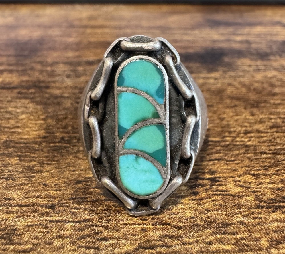Chain Border Silver Turquoise Ring Size 9.75 – Vtg Native American, Signed BQR