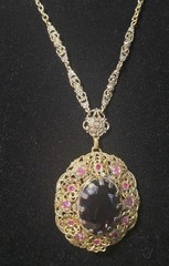 Vintage West Germany Ornate Flower Rhinestone Filigree Necklace Purple Amethyst