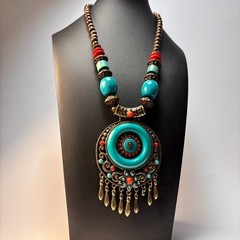Chunky Vintage Necklace Wood Beads Boho Chunky Blue Resin Pendant