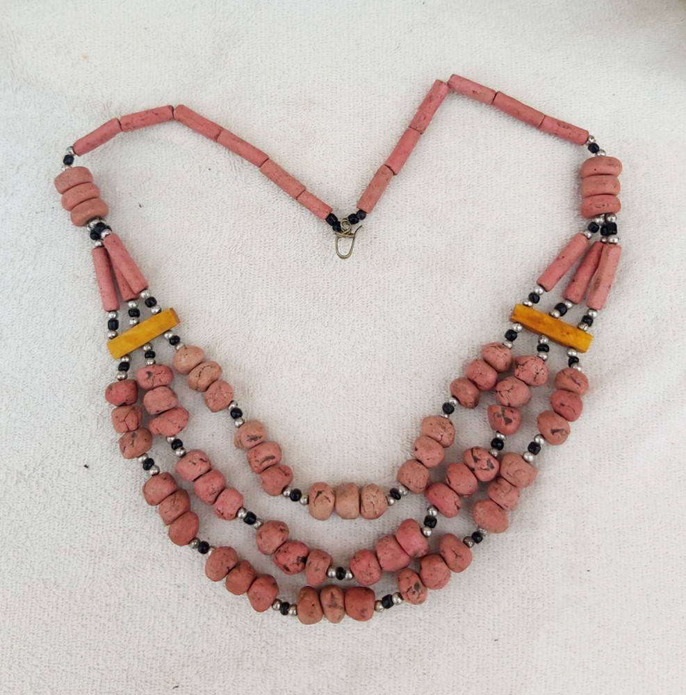 Vintage Pink Clay Bead Multi Strand Bib Necklace Yellow Spacer Bar Tribal Boho