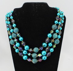 Vintage 50s Vendome Triple 3 Strand Aqua Blue Teal Marbled Bead Necklace