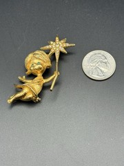 Vintage Fairy Angel Signed MYLU AB Rhinestone Green Eyes Girl Star Wand Brooch