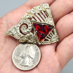 Art Deco Red Art Glass Crystal Accent Pot Metal Silver Tone Dress Clip Brooch