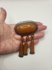 Vintage 1960s-70s Retro Revival Soviet Baltic Amber Teardrop Dangle Brooch Pin