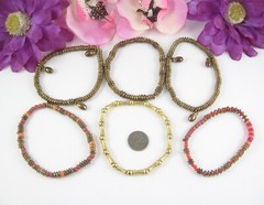 Lot of 6 Vintage BRACELETS Goldtone BEADED Orange Pinks Bead Metal Glass Plastic