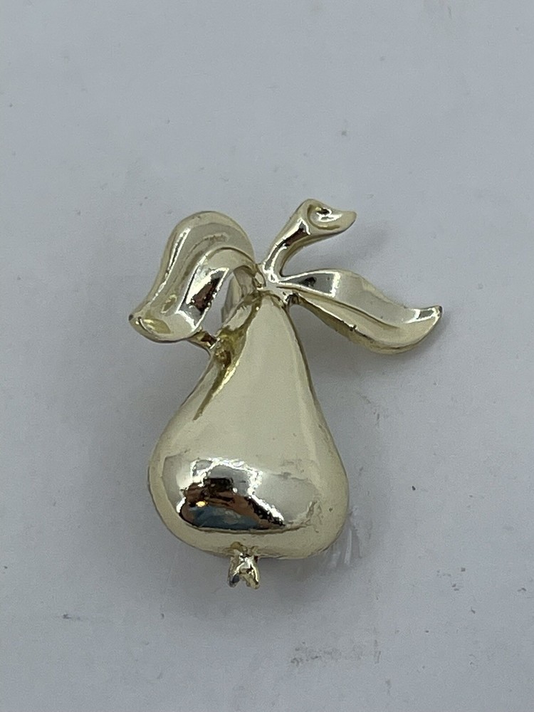 Vintage Costume Brooch Pin Gold Tone Pear Fruit Hat Lapel Pin Back 1”