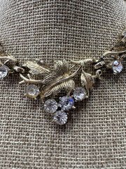 Coro Gold-Tone Floral Leaves Choker Necklace w/ Clear Rhinestones Vintage MCM
