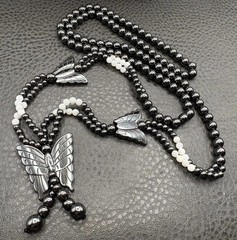 Vintage Butterfly Hematite and Mother of Pearl MOP Beaded Tassel Opera Long 32″
