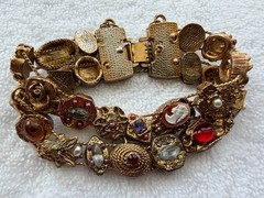 Goldette New York Slide Charm Bracelet Two Row Pearls Multi-Colored Rhinestones