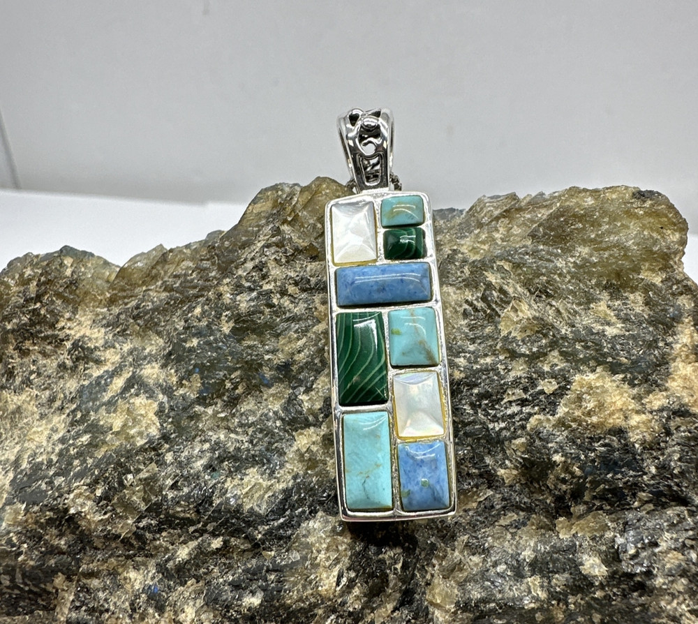 Sterling Silver MOP Turquoise Malachite Quartz Necklace 17.75″ / 1 5/8″ 8.1g