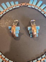 1950s Matisse Renoir ‘Peter Pan’ Blue Enamel Copper Necklace & Clip-on Earrings