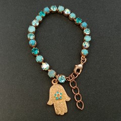 AMARO Tennis Bracelet Hamsa Turquoise Aqua Blue Crystals Gold Tone VTG Boho AB
