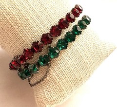 2 Sterling Silver ART DECO Christmas Red Green Hexagon Rhinestone Bracelets Sz S