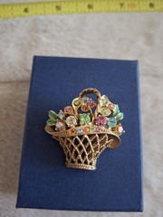 Vintage Flower Basket Multi Colored Rhinestone GoldTone Brooch Estate Jewelry