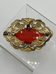 Vintage Large Red Glass Ornamental Brass Setting Brooch Missing Pin READ