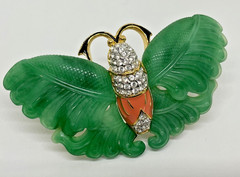Vintage Signed Kenneth Jay Lane KJL Faux Carved Jade Butterfly Brooch Pin