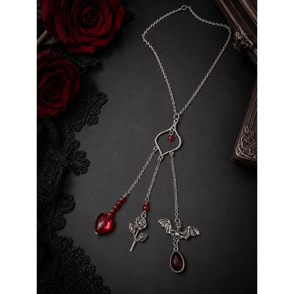 Handmade Gothic Triple Dangle Necklace Heart Pendant with Bat, Rose Red Crystal