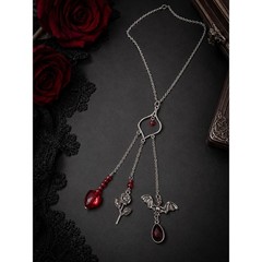 Handmade Gothic Triple Dangle Necklace Heart Pendant with Bat, Rose Red Crystal