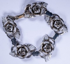 Vintage Rose Floral Link Bracelet Sterling Silver 6.5-7″ Detailed Design