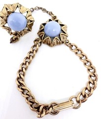 Blue Lucite Cabochon Slave Bracelet & Ring Set Adjustable Vintage Jewelry
