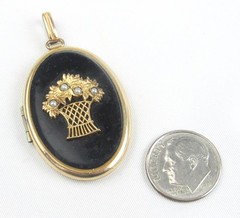Antique BB Yellow Gold Filled Black Enamel Seed Pearl Flower Basket Locket
