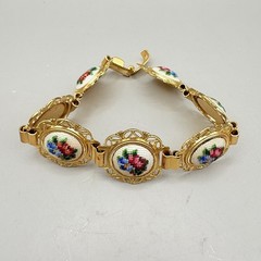 Vintage Petite Piont Rose on Fabric Panels Chain Bracelet W. Germany Mint in Box