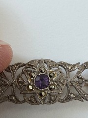 Vintage Sterling Silver 925 Amethyst & Marcasite Bar Brooch **See Notes**