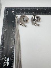 Vintage Mesh Necklace Earring Set Tassel Silver Tone Knot Lariat Clip On